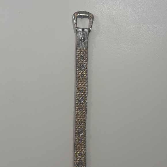 genuine leather belt silver strap with sparkling rhinestones and gold bulb studs - Picture 11 of 12